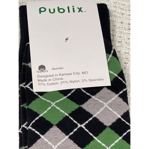 Publix Argyle Crew Socks Cotton/Nylon/Spandex Blend Black/Green/Gray Mens New - Picture 3 of 3